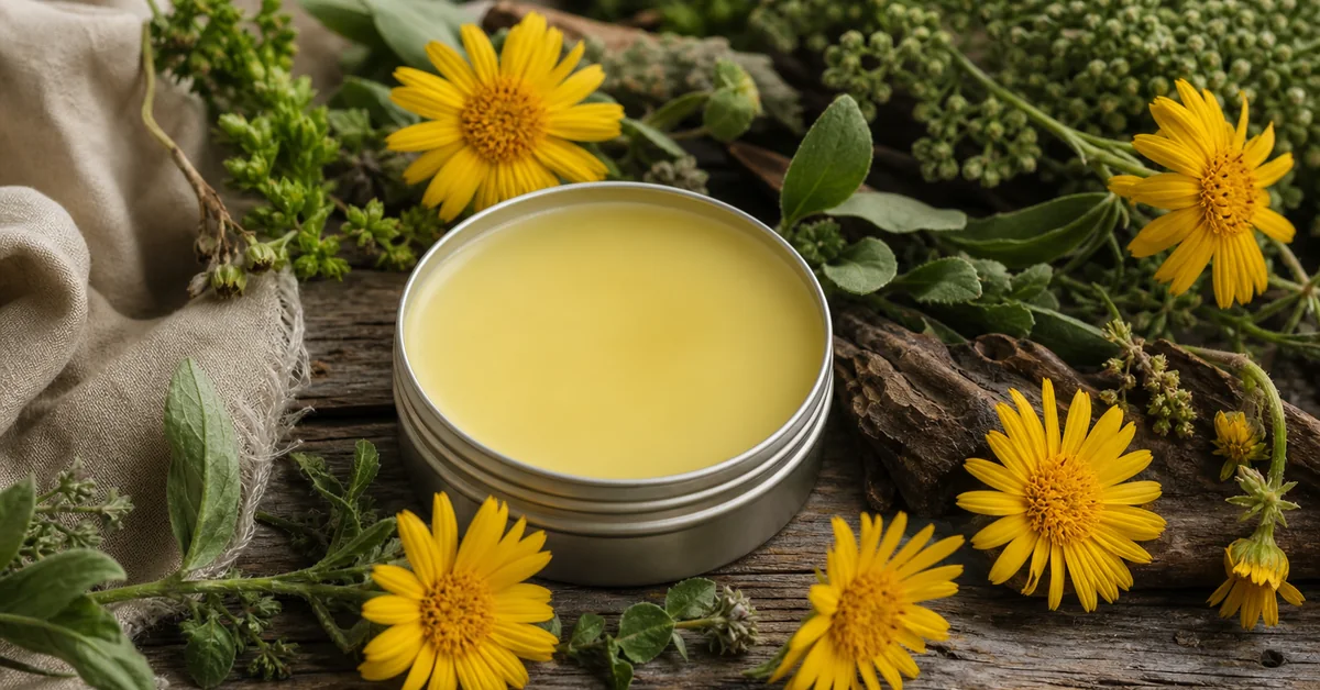 Tube Arnika-Salbe neben gelben Arnikablüten
