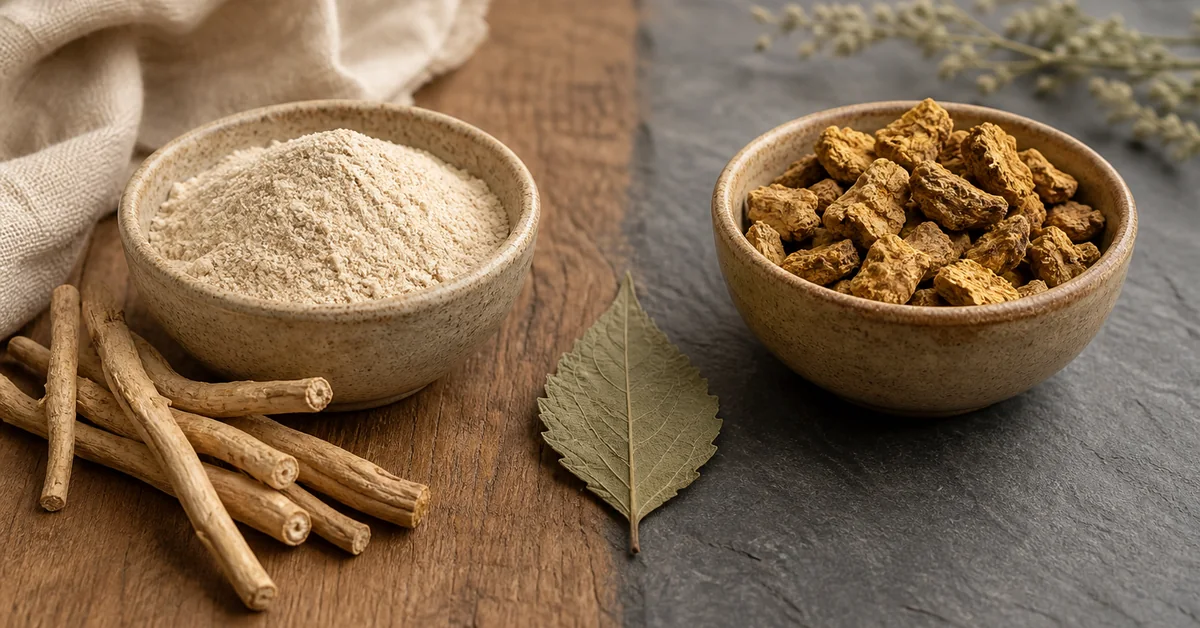 Ashwagandha-Wurzel und Rhodiola-Rosea-Pflanze nebeneinander