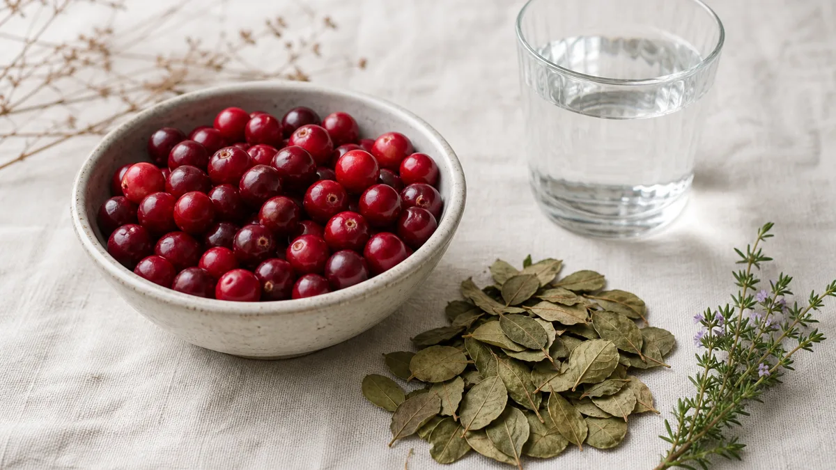Glas Cranberrysaft neben frischen Cranberrys und einem Glas Wasser