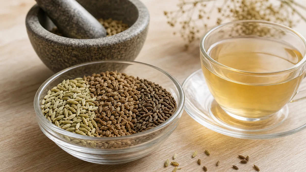 Fenchel-, Anis- und Kümmelsamen neben einer Tasse Tee