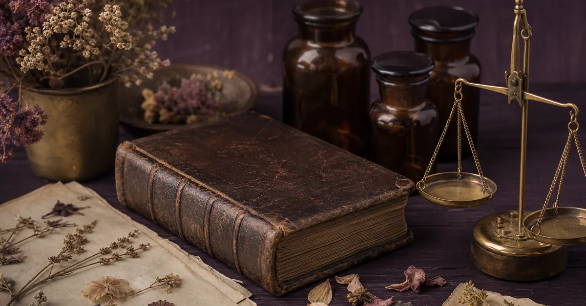 Historisches Kräuterbuch und getrocknete Pflanzen auf einem Tisch