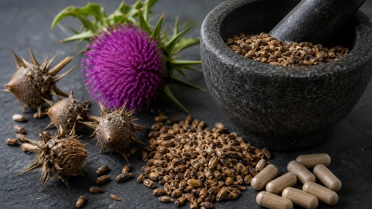 Blühende Mariendistel mit violetter Blüte und stacheligen Blättern