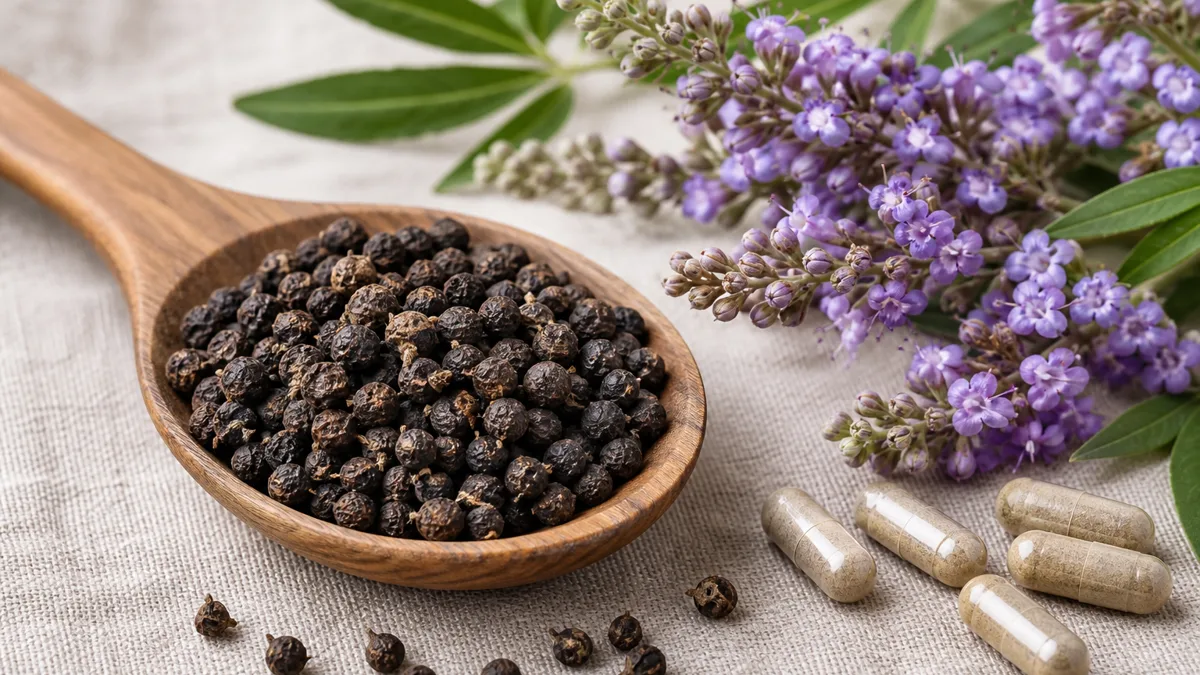 Mönchspfeffer-Beeren am Zweig auf einem hellen Untergrund