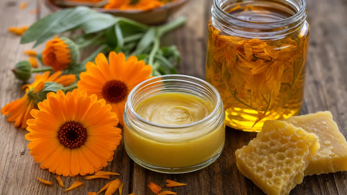 Selbstgemachte Ringelblumensalbe im Tiegel neben orangen Ringelblumen