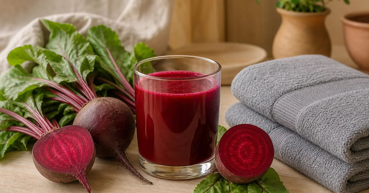 Glas Rote-Bete-Saft neben frischen Roten Beten