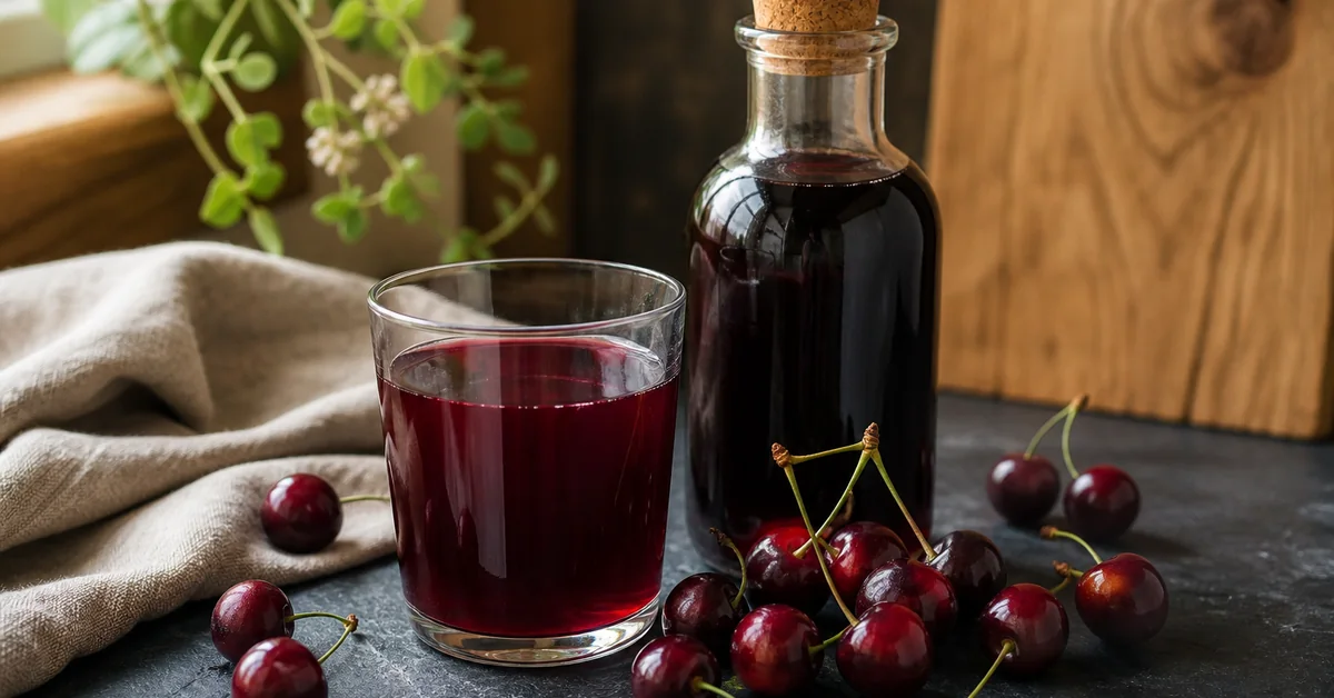 Glas Sauerkirschsaft mit frischen Sauerkirschen daneben