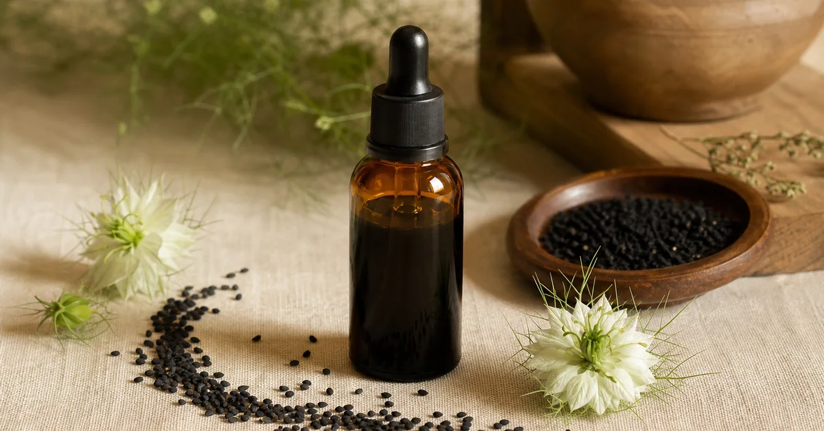 Flasche Schwarzkümmelöl neben schwarzen Kümmelsamen