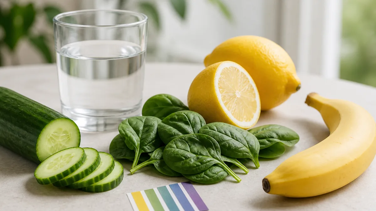 Frisches Gemüse und Obst auf einem hellen Küchentisch