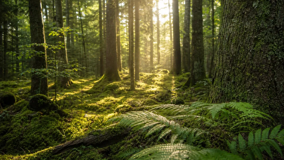 Sonnenlicht fällt durch einen ruhigen, grünen Wald
