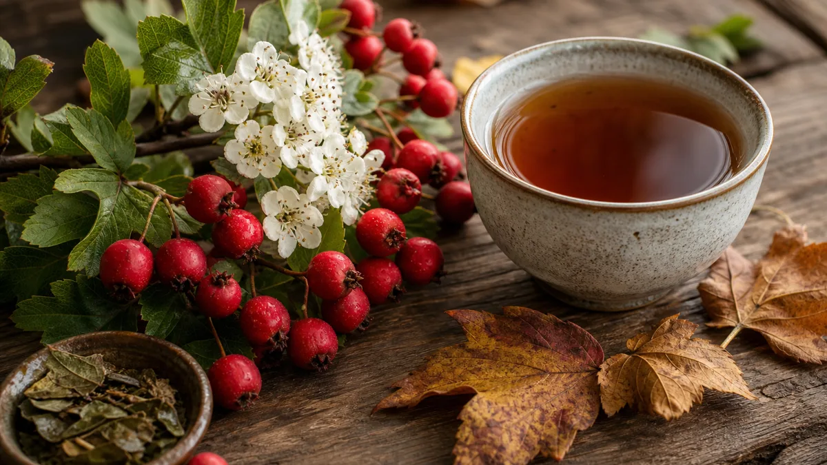Rote Weißdornbeeren und grüne Blätter an einem Zweig