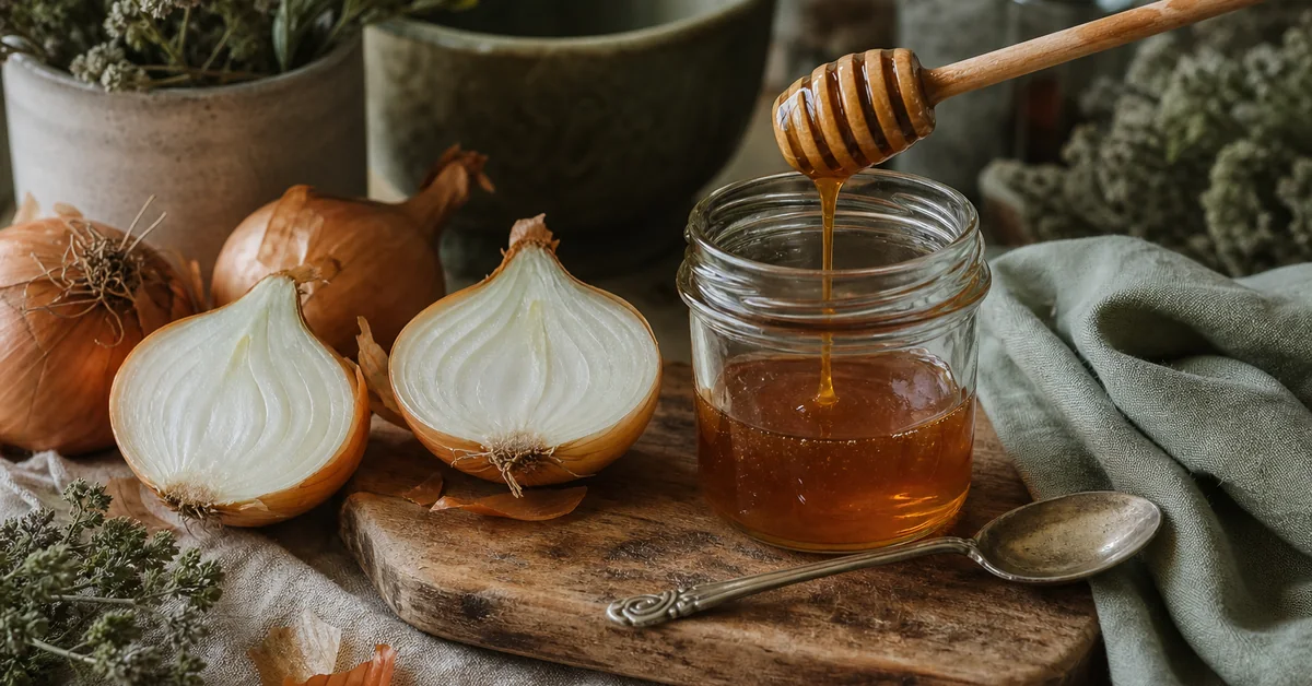 Aufgeschnittene Zwiebel mit Honig in einem Glas auf einem Holztisch